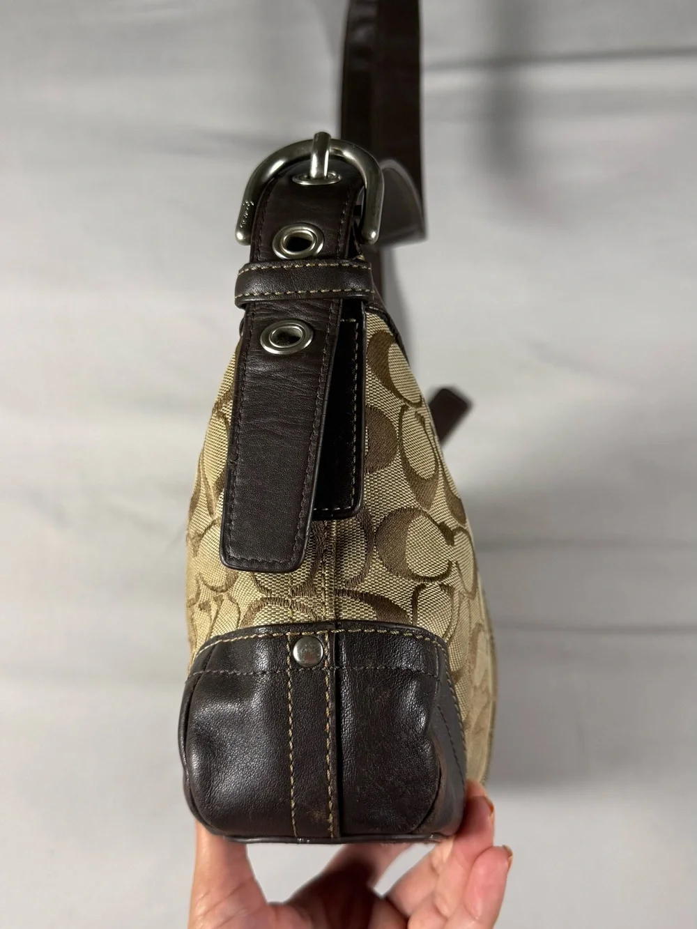 vintage Y2K-era signature canvas and leather hobo/shoulder bag